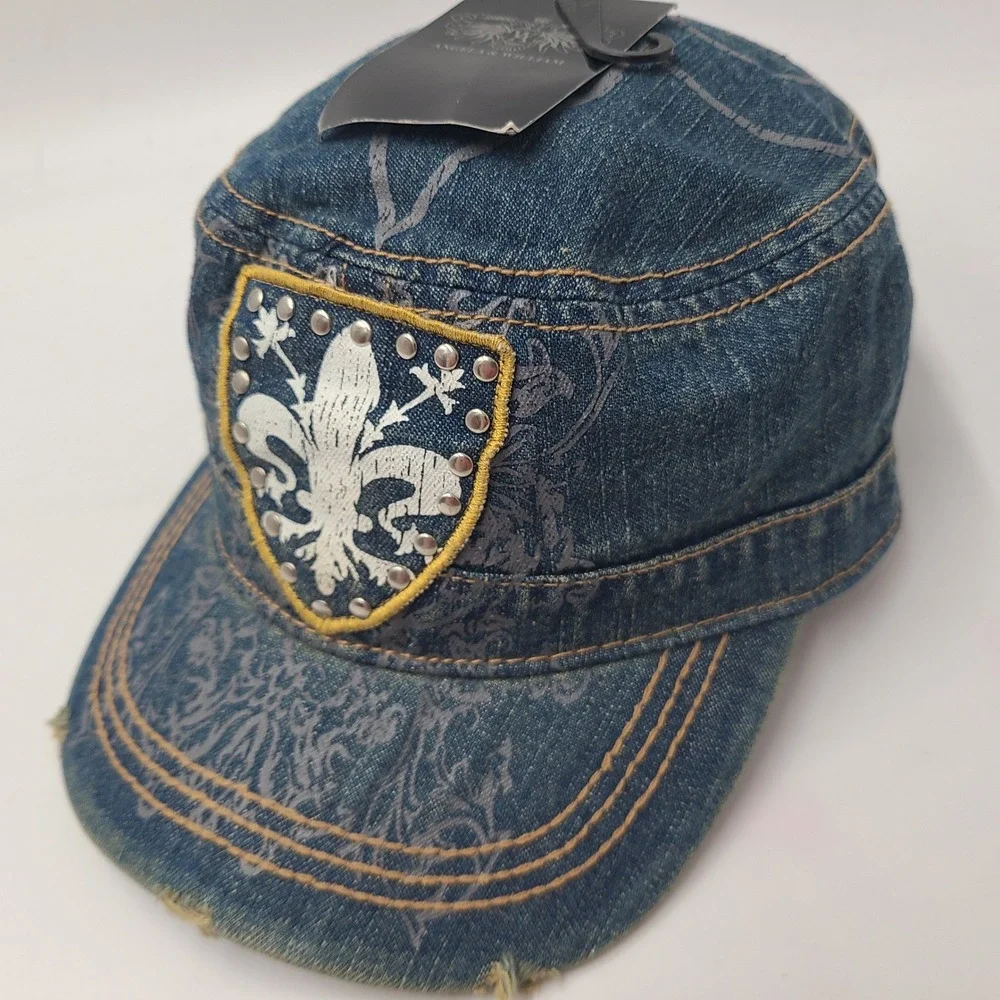 Women Angela & William Hat Fitted One Size Blue Denim Fleur De Lis Cadet Army